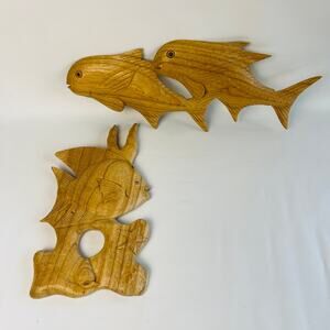 Sculpted Wood Fish Ocean Wall Decor Made in Indonesia 14 1/2 & 10 1/2”